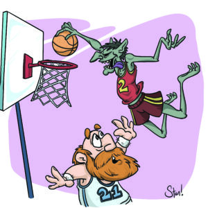 A D&D-style troll in a red basketball uniform soars through the air, about to dunk a basketball. With his tongue out and his posture, he's somewhat reminiscent of Michael Jordan. Below, a dwarf in a white basketball uniform holds his hands out in a feeble attempt to defend against this attack.
