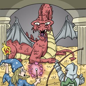 An homage to David C. Sutherland's cover for the original 1977 D&D Basic Set. A red dragon sits atop a huge mound of gold. I the foreground a wizard holds a torch and glowing want while a fighting man has an arrow notched in his bow.