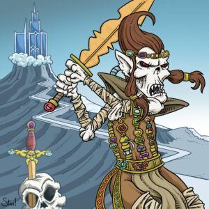 A cartoon homage to the original Fiend Folio cover by Emmanuel. A githyanki wields a great, curved sword and growls threateningly at the viewer.