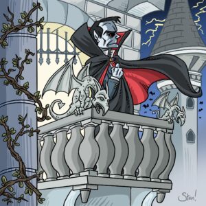 A cartoon homage to the original cover for the adventure I6: Ravenloft, painting by Clyde Caldwell. The vampire lord Strahd stands a stone balcony with gargoyles on the railings. In the background we see a tower of his castle lit from behind by lightning.