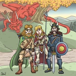 A cartoon homage to the original cover for the first Dragonlance novel, Dragons of Autumn Twilight (original painting by Larry Elmore).
