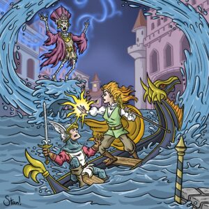 A cartoon homage to the Mystara boxed set Glantri: Kingdom of Magic (original painting by Jennell Jaquays).