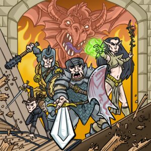 A cartoon homage to the cover of the D&D Adventure Game that launched 3E (original painting by Todd Lockwood).