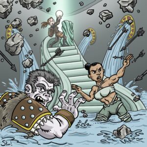 A cartoon homage to Todd Lockwood's cover painting for the Book of Challenges.