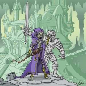 A cartoon homage to Wayne Reynolds's cover for the adventure The Sinister Spire.