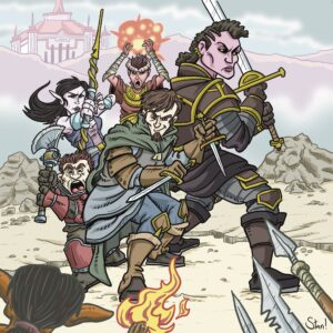 A cartoon homage to Tyler Jacobson's cover to the Sword Coast Adventurer's Guide.
