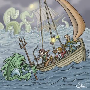 A cartoon homage to Greg Rutkowski's cover to the Ghost of Saltmarsh hardcover.