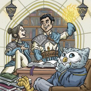 A cartoon homage to Magali Villeneuve's cover for Strixhaven: A Curriculum of Chaos.