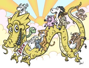 A Chinese gold dragon flies through the sky in front of a rising sun and pastel colored clouds. The dragon wears a sash that says "2024." Riding on the dragon are the other eleven Lunar New Year animals—goat, snake, rabbit, rat, tiger, pig, horse, dog, rooster, bull, and monkey.