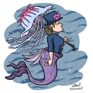 A prim and proper mermaid dressed in a blue Victorian-era top and hat. She carries a parasol that's made of a jellyfish.