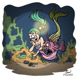 A mermaid deep underwater finds a set of car keys in the light cast by an anglerfish.