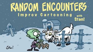The scene is a farm pasture in the middle of the night. A barbed-wire fence runs through the pasture. In the distance we see a barn with a silo. On the opposite side of the drawing (and the fence) a UFO has landed and a gangplank is extended. In the foreground, an alien and a goat stand on either side of the fence. The alien is holding a folding map. He looks a little confused and is pointing at the map. The goat is looking at the map more confidently and is reaching across the fence to point at the map, too.