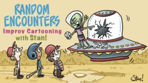 Three boys in baseball gear look sad and surprised. Hovering over home plate is a UFO with a hole broken through the glass of the dome, shards of glass lay strewn about. Standing on the saucer's rim is a three-armed alien in a space helmet. He's holding a baseball in one hand, waving a fist with another, and pointing at the broken dome with the third as he yells at the boys.