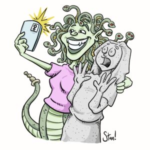 A medusa, looking really cute with her snaky hair and pink t-shirt, holds her phone out to take a selfie with a statue of a terrified woman.