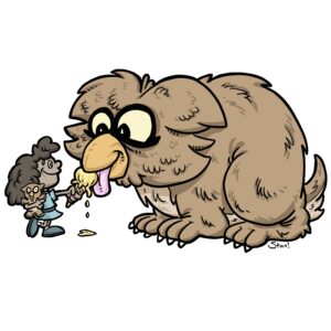 A young African-American girl in a pretty blue dress has a vanilla one-scoop ice cream cone. She's letting a huge owlbear—a creature that's like a bear with the head of an owl—lick the cone, which is starting to drip on the ground between them. The both look cute and happy, and the little girl is holding a plushie of an owlbear.
